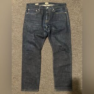 J Crew Jeans 34x28 Dark Wash Indigo Blue Selvedge Stretch Button Fly Denim